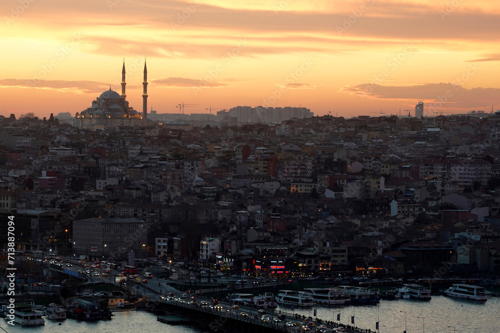istanbul aerial cityscape at sunset from galata tower Suleymaniye Mosque