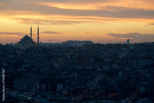 istanbul aerial cityscape at sunset from galata tower Suleymaniye Mosque