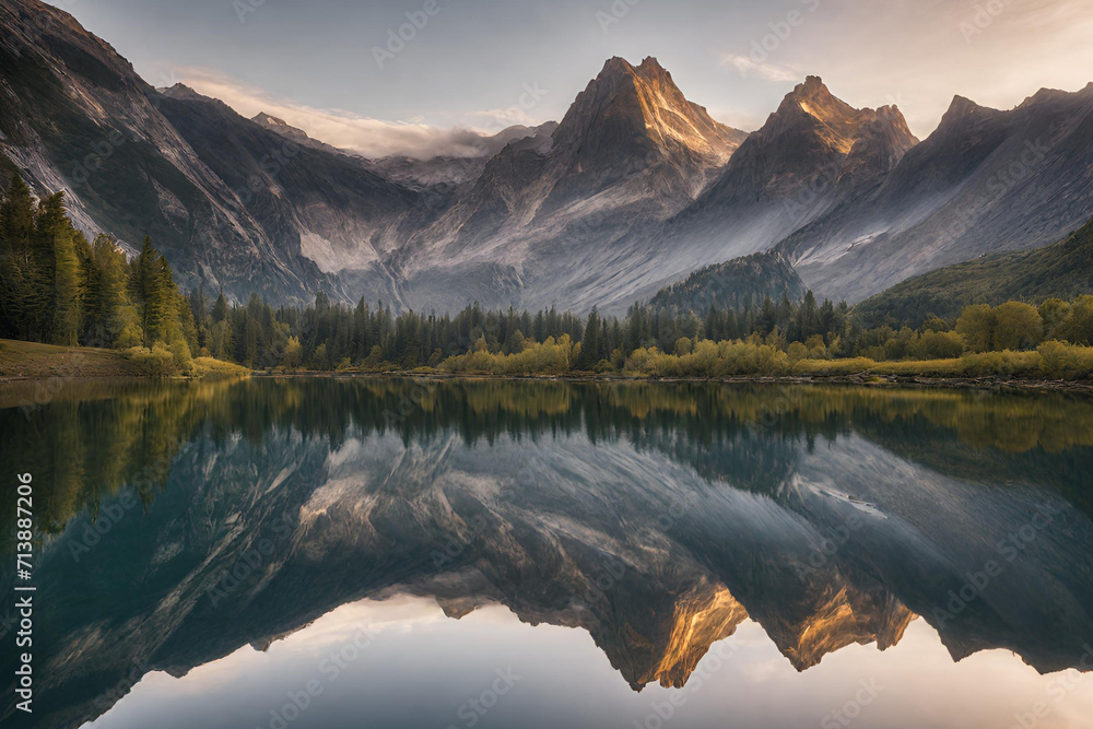 Fototapeta premium A serene mountain lake reflecting the surrounding peaks