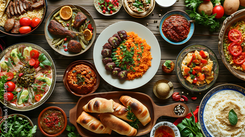 background shows a table filled with delicious food, food when breaking the Ramadan fast © Helfin