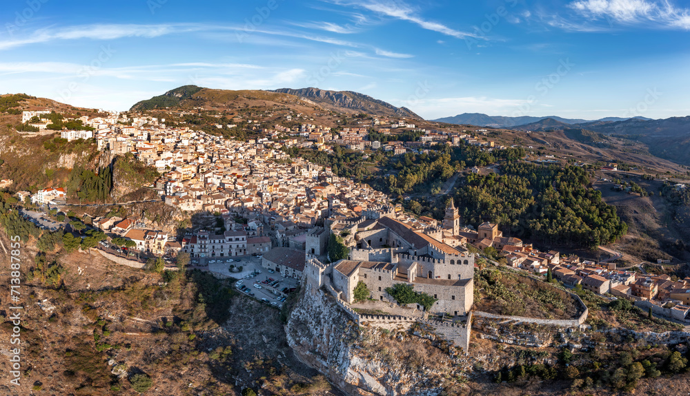 Caccamo, Sicily, Italy. View of popular hilltop medieval town with impressive Norman castle and surrounding countryside.