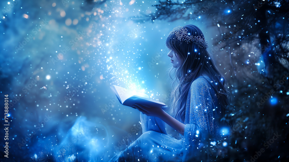 enchanted reading in the forest fantasy sparkles magical background