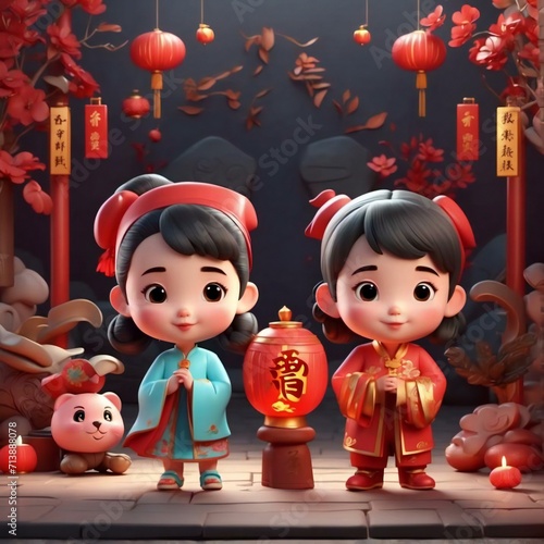 3D characters of boys and girls wearing traditional Chinese clothes  happy Chinese New Year