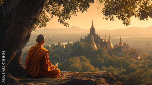 Buddhist monk meditating to reach Enlightenment in beautiful Myanmar nature temple setting