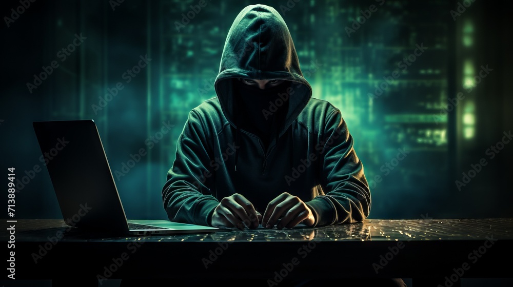 An anonymous hacker in a hood at a laptop computer in a dark room. Cyber attacks, Cracking codes and passwords concepts. An anonymous hacker in a hood at a laptop computer in a dark room. Cyber attacks, Cracking codes and passwords concepts.