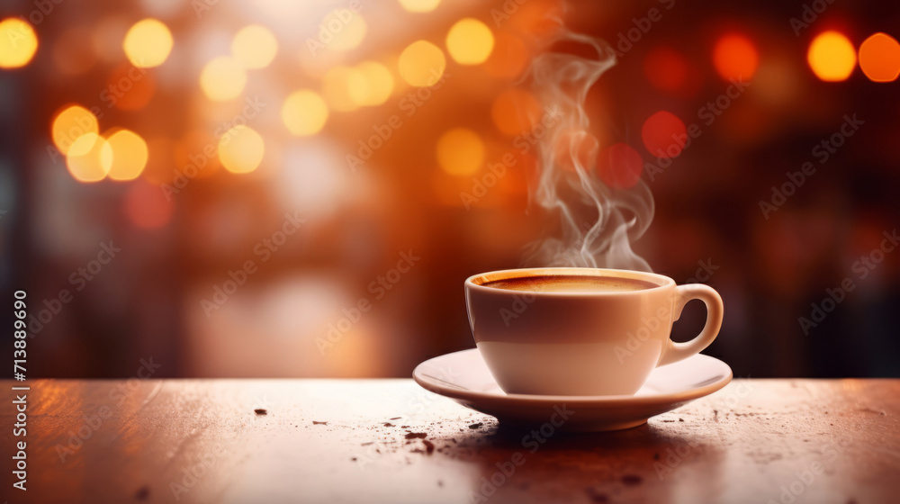 Cup of coffee with steam on bar counter against coffeeshop in the morning Cup of coffee with steam on bar counter against coffeeshop in the morning