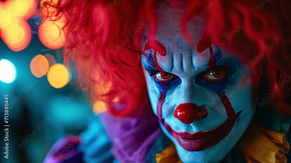 Clown with and multicolored bright makeup and red hair looking at camera while standing in room colorful