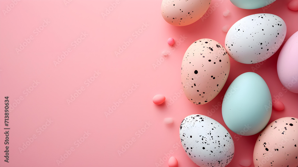 Easter colored eggs on a pink background top view