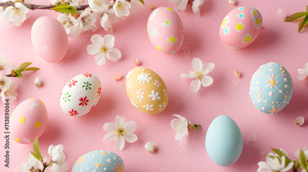 Easter eggs with flowers on pink background