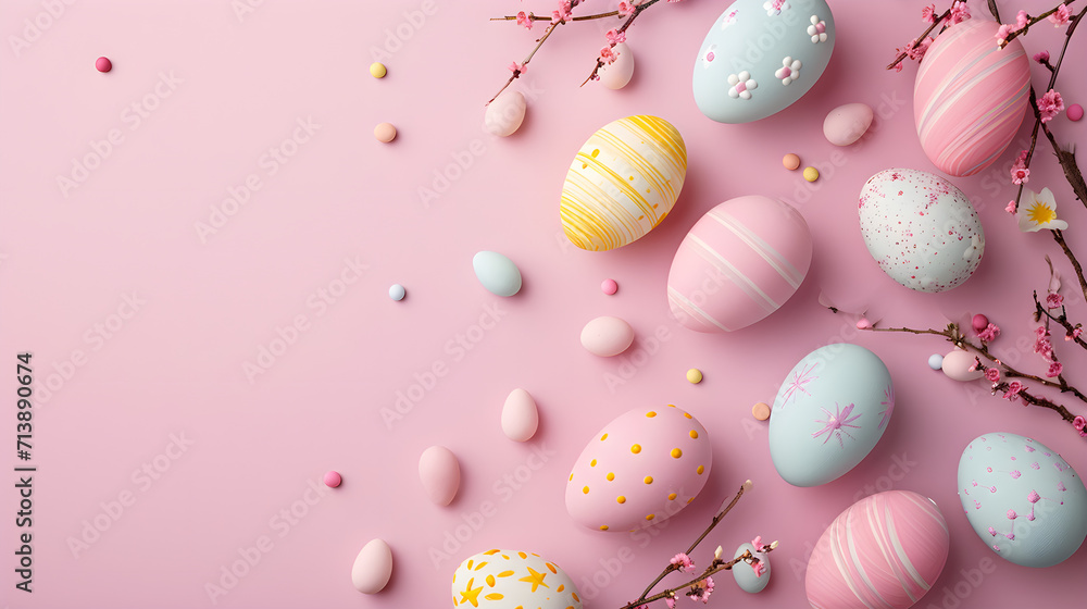 Easter eggs on pink background top view