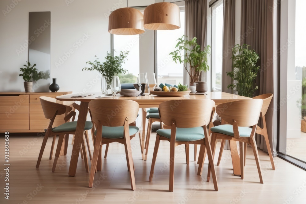 Interior home design of modern dining room with chairs and wooden dining table near the window Interior home design of modern dining room with chairs and wooden dining table near the window