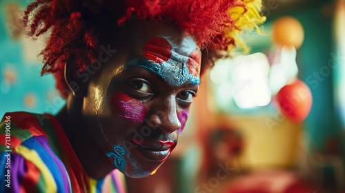 20 year old African man clown with and multicolored bright makeup and red hair looking at camera while standing in room colorful.