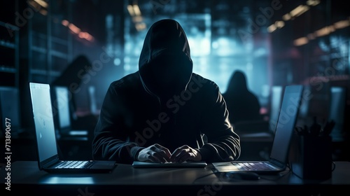 An anonymous hacker with a hood hacking into corporate data servers in a dark room. Cybercrime.