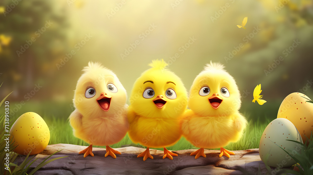 Three cartoon cute Easter chickens
