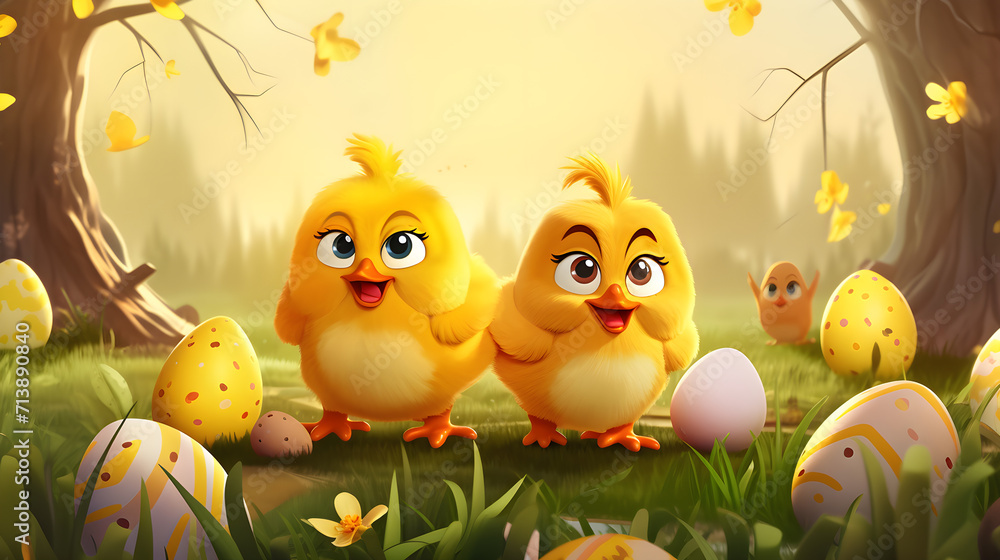 Three cartoon cute easter chickens illustration
