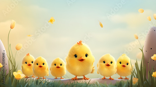Cheerful cartoon chicks are walking on the grass