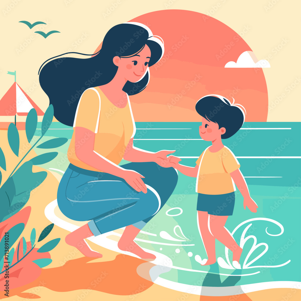 Mom and child on the beach in summer. . A flat illustration. The colors can be easily changed in the vector Mom and child on the beach in summer. . A flat illustration. The colors can be easily changed in the vector