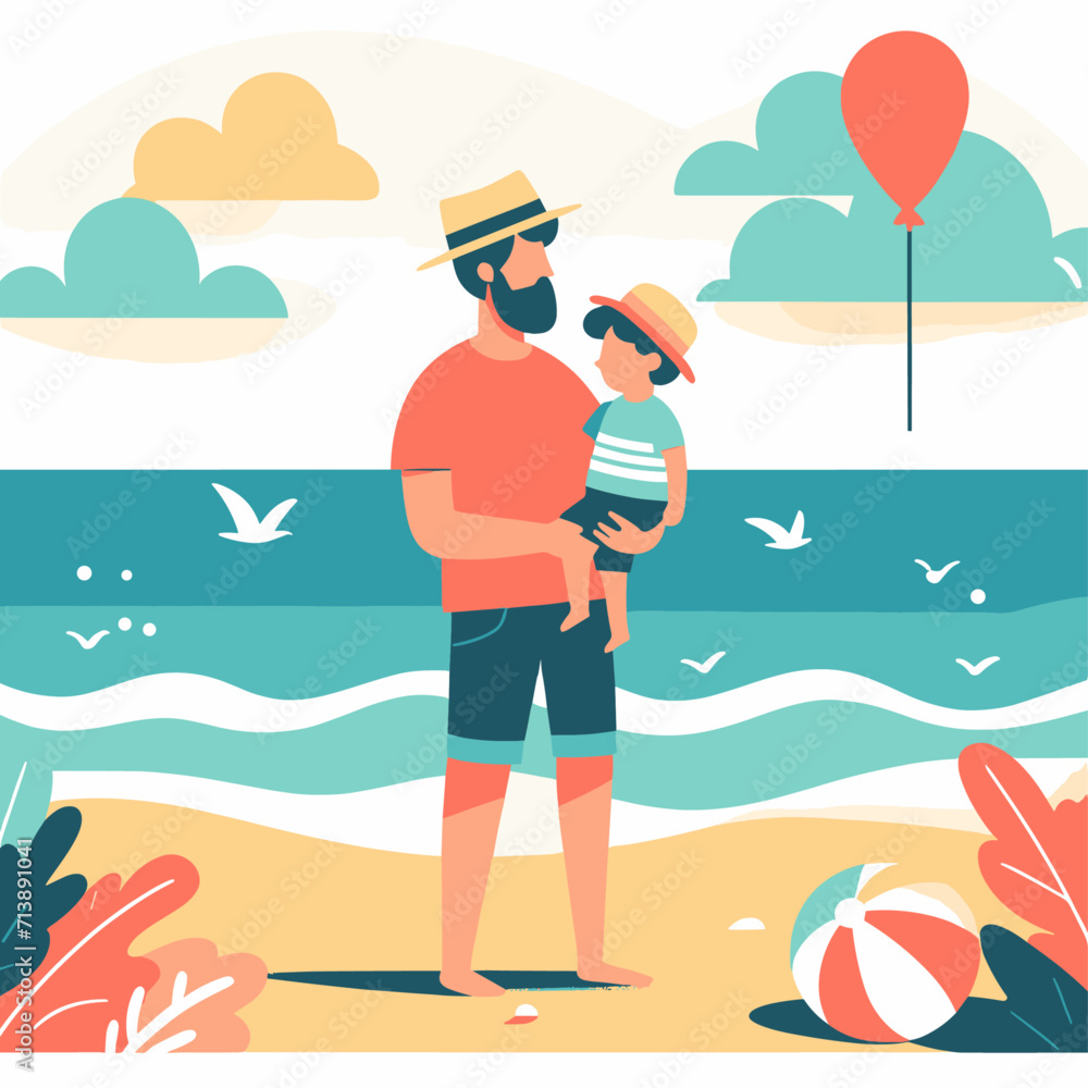 A man with a child on the beach. A flat illustration. The colors can be easily changed in the vector