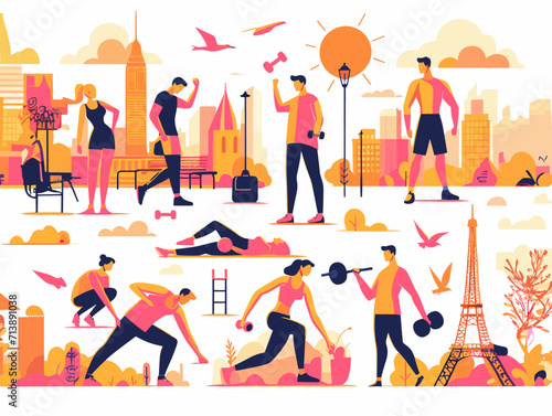 different people play sports in Paris. Waiting for the Olympics. A flat illustration. The colors can be easily changed in the vector
