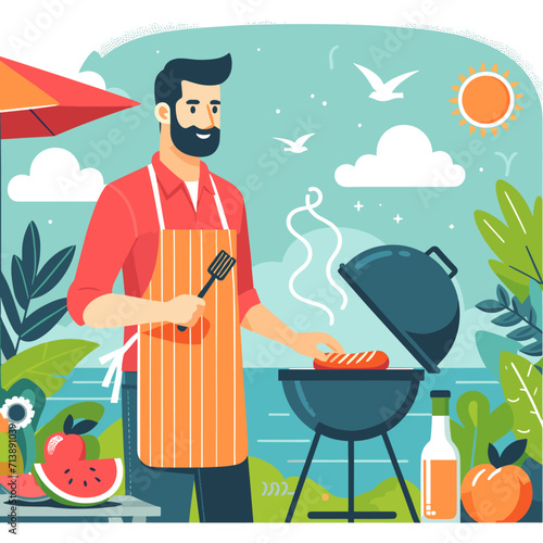 A man roasts kebabs or barbecues on the grill outside. A flat illustration. The colors can be easily changed in the vector