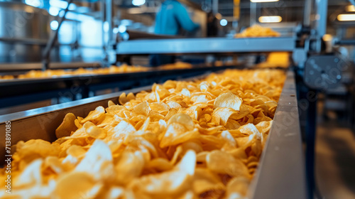 Potato chips production line at food industrial plant