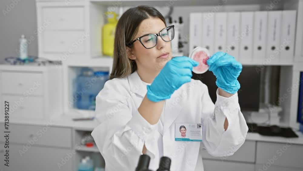 A focused woman scientist examines a petri dish in a modern laboratory setting, portraying professionalism and concentration. A focused woman scientist examines a petri dish in a modern laboratory setting, portraying professionalism and concentration.