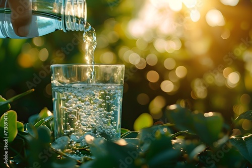 Pouring Water into Glass with Green Nature Backdrop