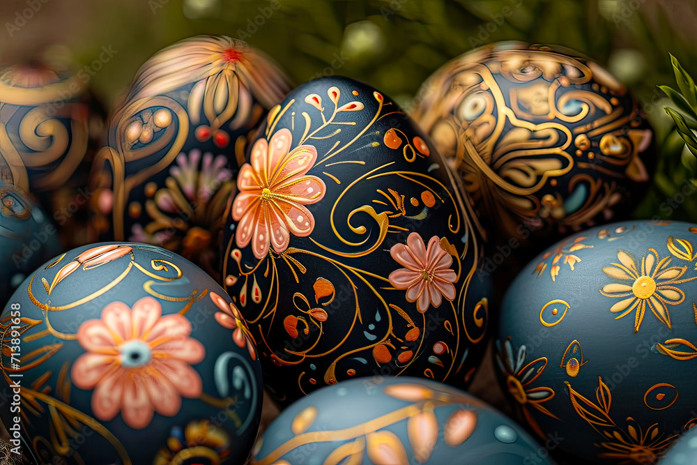 Easter eggs with colorful patterns close-up on a dark background. Easter stylish minimal composition. Easter eggs with colorful patterns close-up on a dark background. Easter stylish minimal composition.
