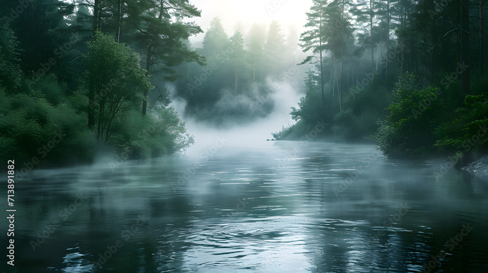 Misty Morning: Serene River in Forest Misty Morning: Serene River in Forest