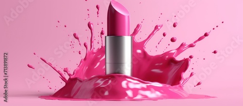 3d render Pink lipstick on pink background beauty concept photo