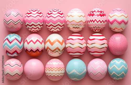 Vibrant easter eggs beautifully painted set against a lively pink backdrop, easter symbols photo
