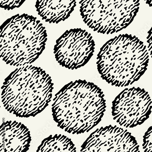 Vector seamless pattern. Random disposed organic shapes. Stylish structure with circles. Hand drawn abstract background. Can be used as swatch in Illustrator. Monochrome spotty print.