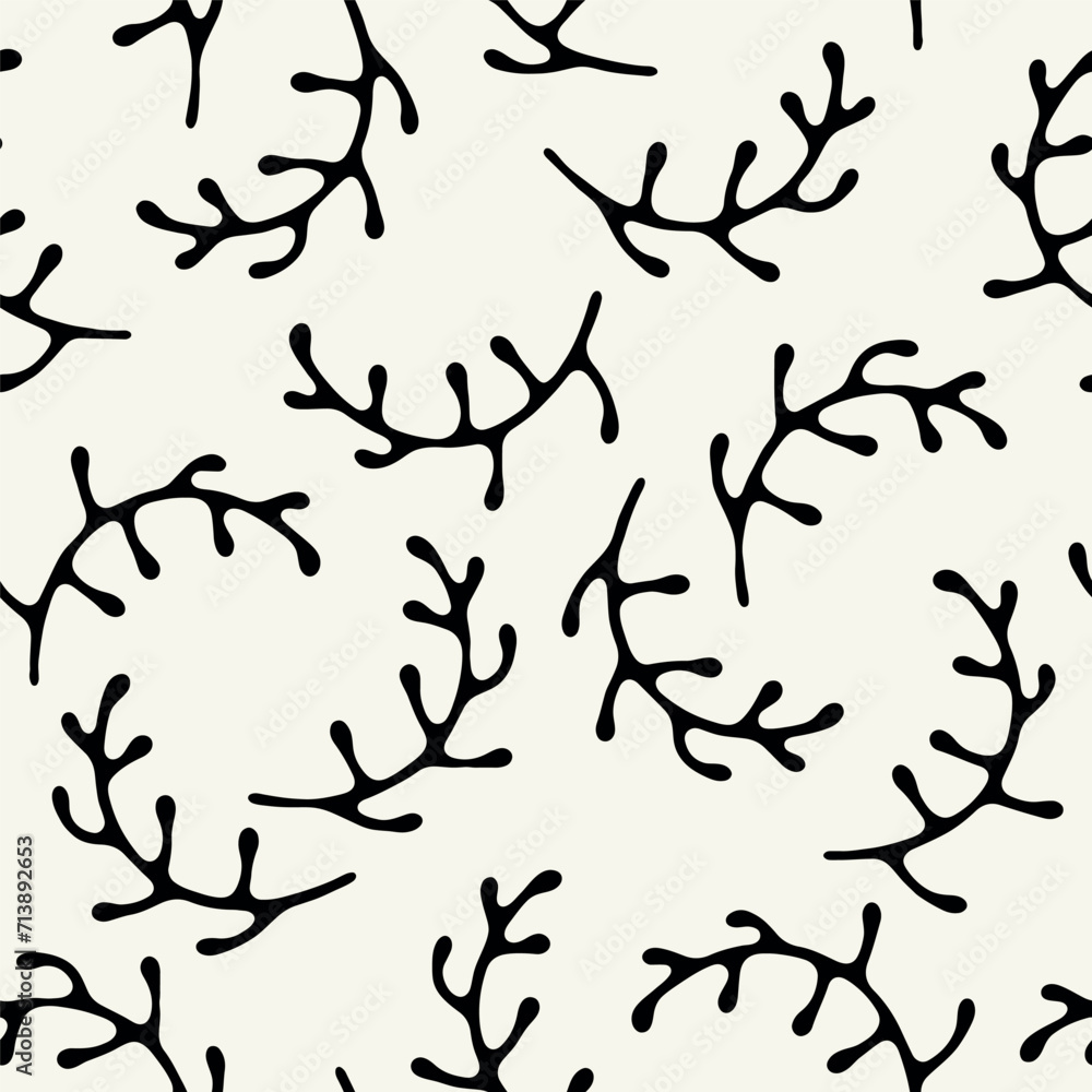 Vector seamless pattern with simple twigs and leaves. Graphically natural print. Repeating natural texture. Vector seamless pattern with simple twigs and leaves. Graphically natural print. Repeating natural texture.