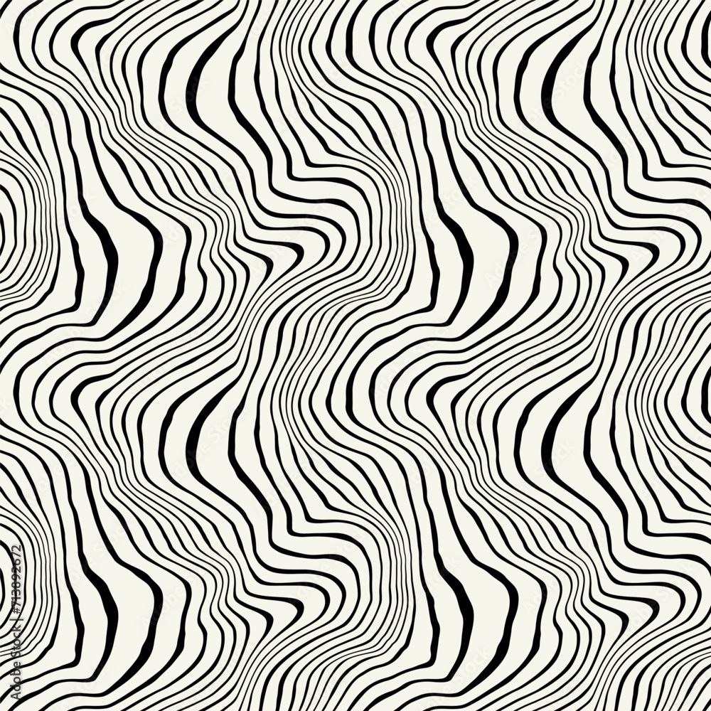 Vector seamless pattern. Abstract op art texture with thin monochrome wavy stripes. Creative background with distorted lines. Decorative black and white striped design.