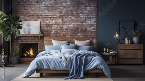 Bed with blue pillow and coverlet near fireplace. Loft interior design of modern bedroom with brick wall. Generative ai photo