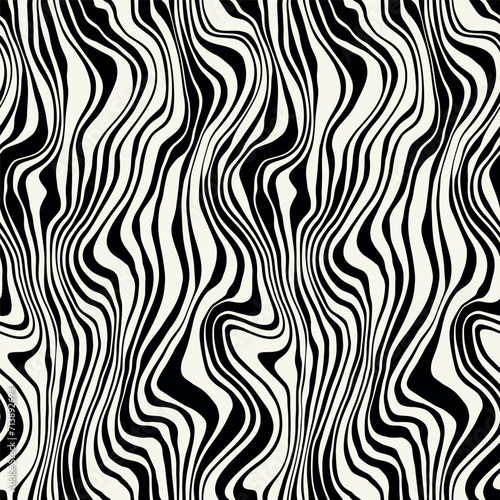 Vector seamless pattern. Abstract op art texture with thin monochrome wavy stripes. Creative background with distorted lines. Decorative black and white striped design.