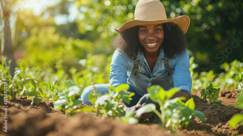 Smiling African American woman enjoying gardening work on a sunny day 