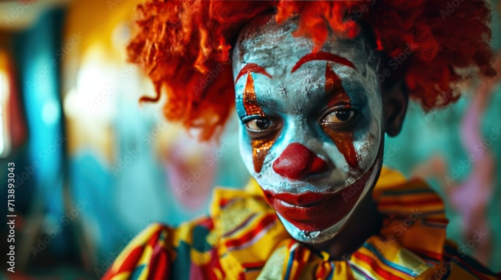 20 year old African man clown with and multicolored bright makeup and red hair looking at camera while standing in room colorful.