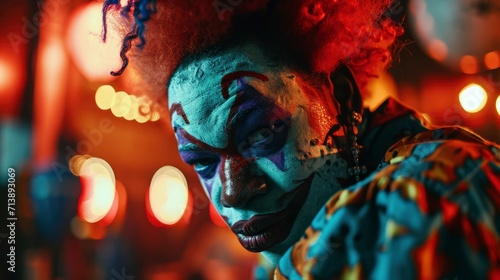 20 year old African man clown with and multicolored bright makeup and red hair looking at camera while standing in room colorful.