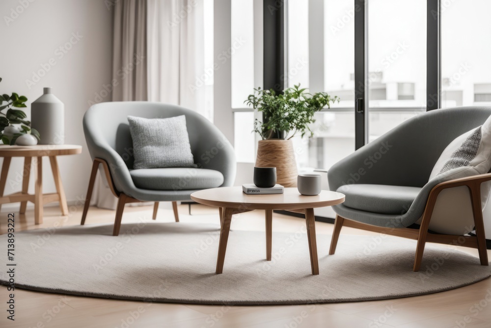 Interior home design of modern living room with chairs and a round wooden table near the window Interior home design of modern living room with chairs and a round wooden table near the window