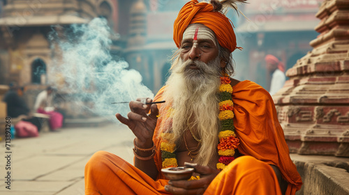 Indian Hindu Sadhu smoking Ganja on Maha Shivaratri Holiday in Varanasi India