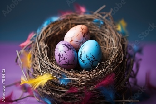 Colorful easter egg rests in an animal nest on a vibrant background, easter baskets picture