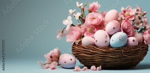 Easter eggs in a basket against a plan background, easter baskets picture
