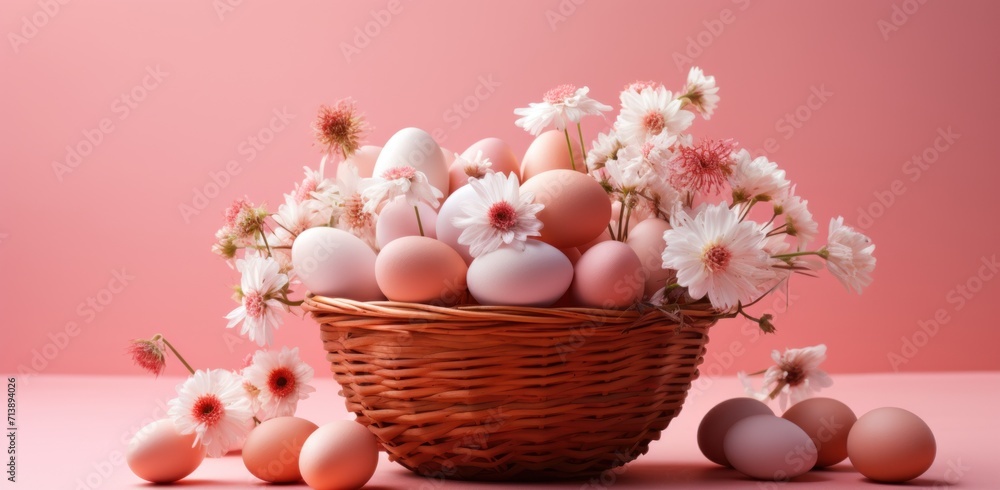 Colorful easter eggs in a basket on a pink background, easter baskets image