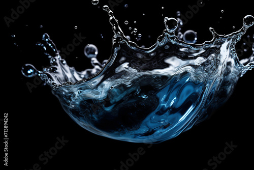 Graphic resources. Close-up view of macro blue color liquid splash on black background with copy space