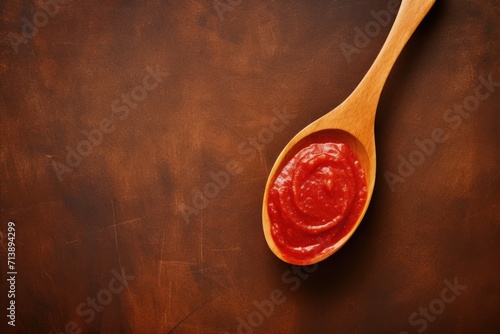 Wooden spoon with tomato paste on brown background