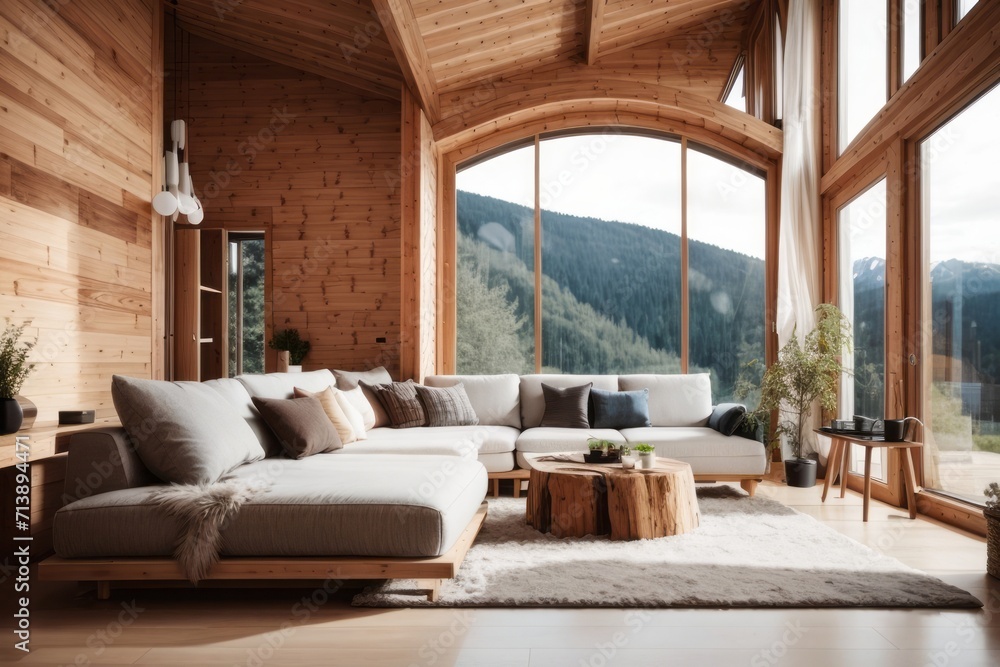 Interior home design of modern living room with wooden eco friendly wooden house in the forest