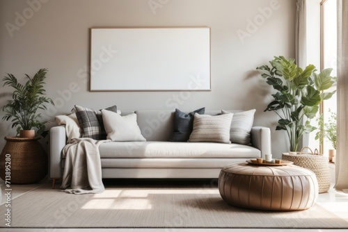 Bohemian interior home design of modern living room with gray sofa chair and empty poster frame mockup on the wall