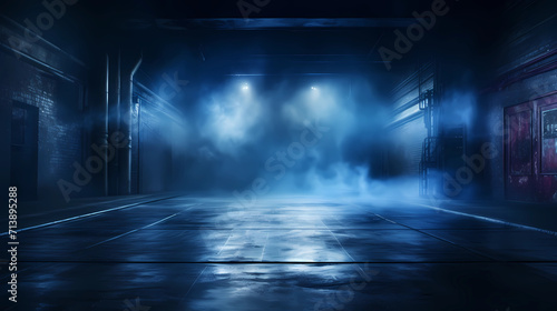 A dark empty street  dark blue background  an empty dark scene  neon light  spotlights The asphalt floor and studio room with smoke float up the interior texture. night view