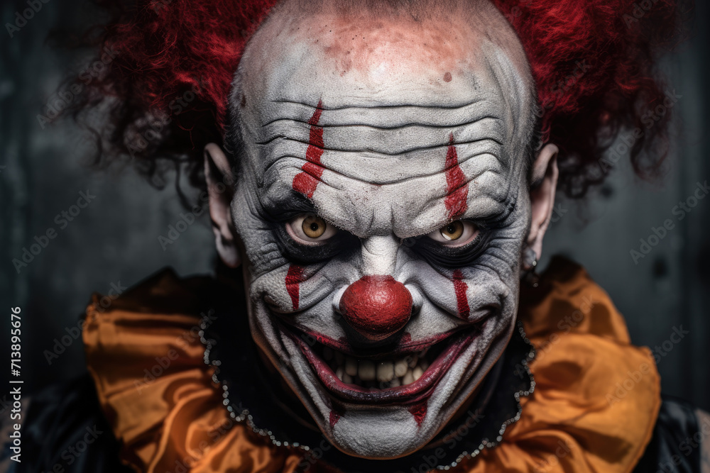 Closeup photo of evil clown on dark background Closeup photo of evil clown on dark background